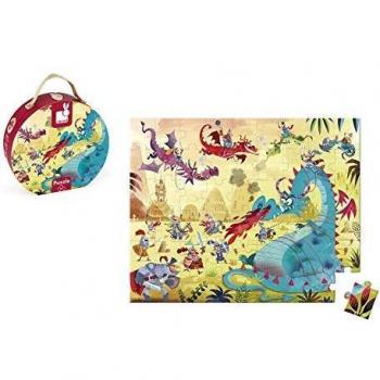 Janod - Puzzle con maleta redonda, Dragones, 54 piezas