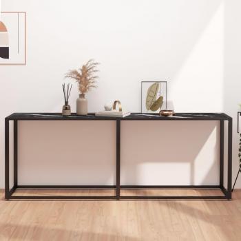 Mesa consola de vidrio templado y mármol negro 200x35x75,5 cm - Transparente, Negro, Mármol blanco - Mesa de sofá, mesa de entrada para salón, consola de entrada, mueble recibidor, mesita