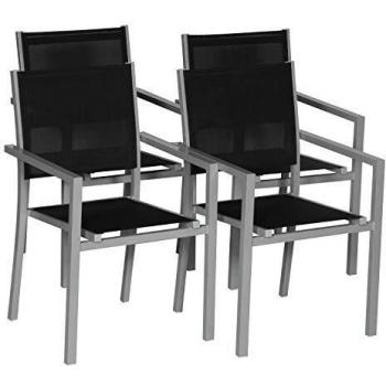 Juego de 4 sillas apilables de aluminio gris con textileno negro - HAPPY GARDEN