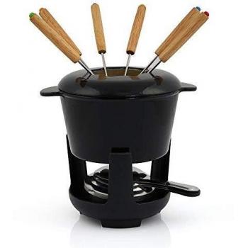 Set de fondue de hierro fundido esmaltado de 13 piezas para 6 personas, capacidad 1 L, color negro