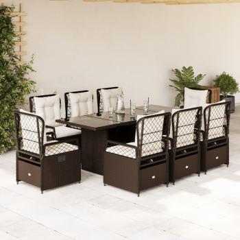 Juego de comedor de jardín 9 piezas con cojines de Polyrattan marrón