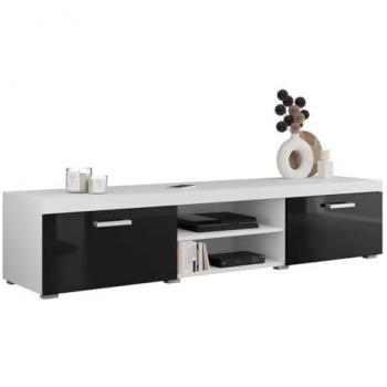 Mesa de TV Charlotte A121, Blanco y Negro Brillante, 200 x 39 x 45 cm, con 2 Puertas