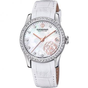 Reloj Candino Lady Elegance C4721/1 para Mujer con Caja de Acero Inoxidable 316L Gris Plata y Correa de Piel Color Blanco