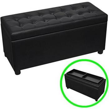 Otomana de almacenamiento de cuero artificial negro