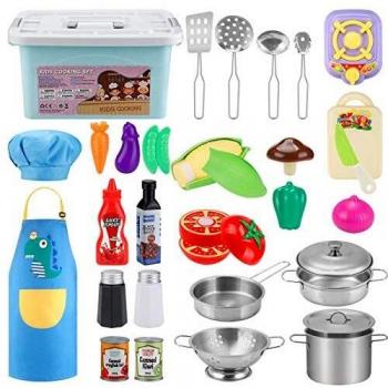 JYToyz Juguetes de Cocina para niños Accesorios, 30 Piezas Juguetes de Chef para Niños, Cocina de Acero, Vegetales para Cortar, Delantal y Gorro De Cocinero, Apto para niños Mayores de 3 años