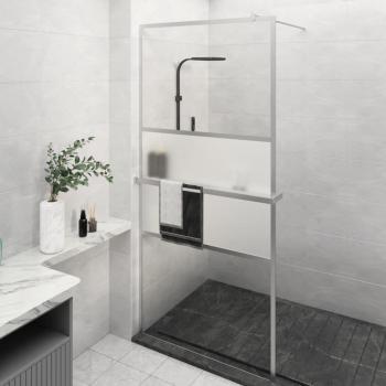 Mampara de ducha con estante de vidrio ESG y aluminio cromado 100x195cm, modelo esmerilado, con 2 barras horizontales y diseño Stone