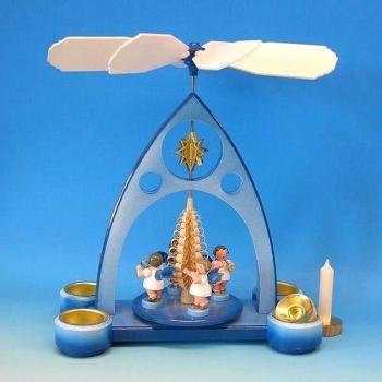 Original Erzgebirge Volkskunst - Pirmide navidea para Velas de t, diseo con 4 ngeles, Color Azul