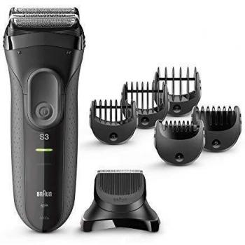 Afeitadora Eléctrica Braun Series 3 Proskin 3000BT, 3 en 1 para Hombre con Recortadora de Precisión para Barba y 5 Peines, Color Negro/Gris, Batería Incluida y con 6 Accesorios