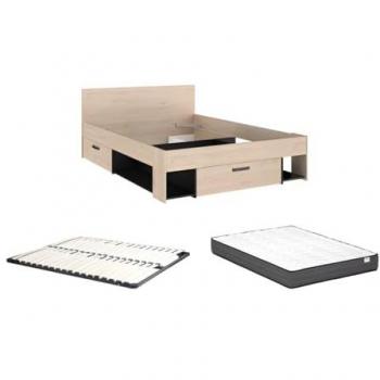 Cama 140 x 190/200 cm con Almacenamiento - Color Natural y Negro + Somier + Colchón - KINSELIA