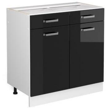 Mueble bajo universal R-Line, Negro brillo intenso, 80 cm con cajones y puertas, sin encimera