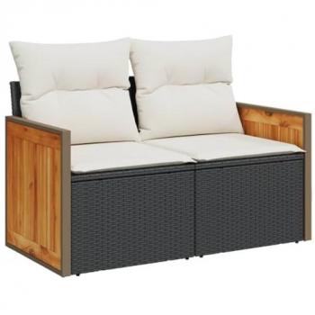 Black Poly Rattan 2-Seater Garden Sofa with Cushions
