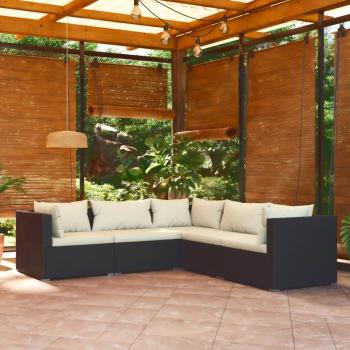 5-Piece Black Poly Rattan Garden Lounge Set with Cushions