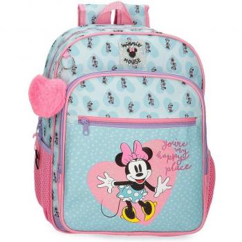 Mochila Escolar Disney Minnie My Happy Place Azul y Rosa 30x38x12cm con Bolsillo Frontal