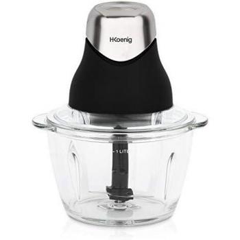 H.Koenig LEO8 Picadora Eléctrica de Alimentos, 320 W, 1 Litro, 2 Cuchillas,1 Vaso de Cristal, Acero Inoxidable, Negro