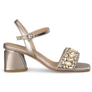 Sandalias Alma En Pena 718 - Sandalias Abiertas para Mujer en Bronce con tacón, pedrería y hebilla, Talla: 35
