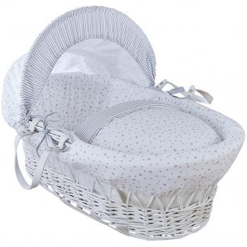 Clair de Lune estrellas y rayas color blanco mimbre Moisés Basket inc. ropa de cama, colchón y capucha ajustable