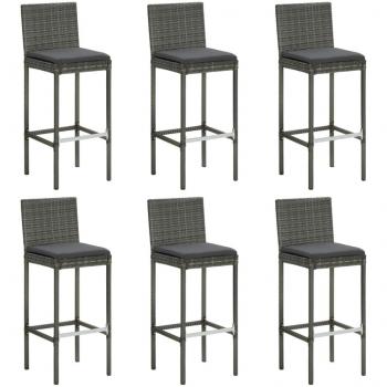 Taburetes de Bar grises de Polyrattan 6 PC con almohadas y cojines de ratán sintético