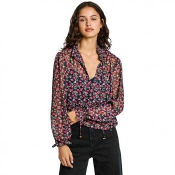 Pepe Jeans - Blusa de mujer Octavia en chifón marino con cuello fruncido, casual, poliéster, manga larga