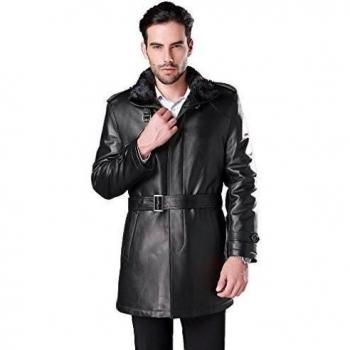 Fur Story FS16962 Hombre Larga Capa de Cuero de Oveja Real Negro 48