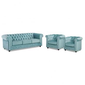Sofá Chesterfield de Terciopelo 3 Plazas y 2 Sillones - Azul Pastel