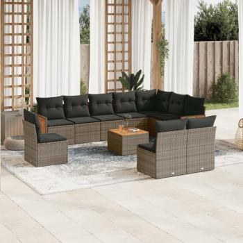 11-Piece Grey Poly Rattan Garden Sofa Set with Cushions