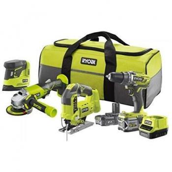 Ryobi Kit R18CK4B-252S Taladro/atornillador, amoladora, lijadora, sierra alternativa + kit de baterías