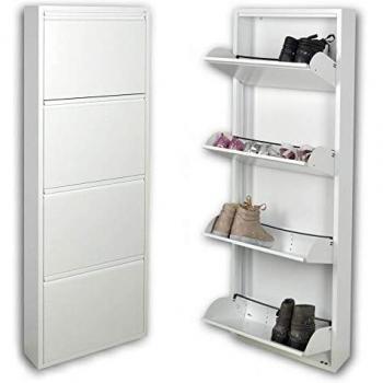 Zapatero Slim Blanco de 4 Puertas para 8-12 Pares de Zapatos, Sin Montaje, Garantía de 15 Años, Diseño Compacto