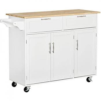 Isla de Cocina con Ruedas, Mueble Auxiliar de Cocina con 2 Cajones, 3 Puertas y Barra Lateral, 121x46x91 cm, Roble y Blanco - Homcom