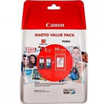 Canon PG-560XL +CL-561XL + 50 Papel fotográfico Cartucho de Tinta Original BK+Color XL para impresoras