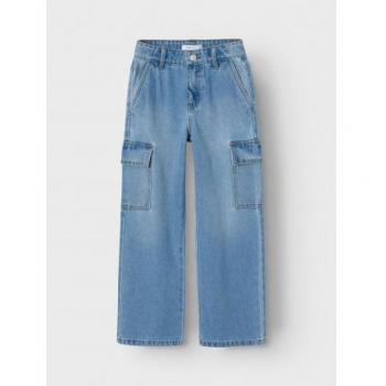 Rose High-Waisted Wide Cargo Jeans for Girls - Light Blue Denim