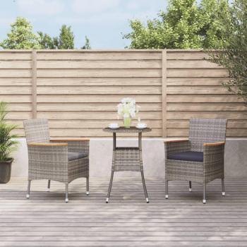 3-Piece Grey Poly Rattan Garden Bistro Set with Cushions