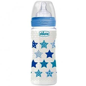 Chicco Wellbeing - Biberón antcólicos con tetina de silicona y flujo rápido para bebé 4m+, 330 ml, color azul