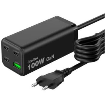 Cargador Rápido CoolBox 100W GAN - 4 Puertos (3 USB-C + 1 USB-A) - Power Delivery - Cable de 1.5m - Color Negro