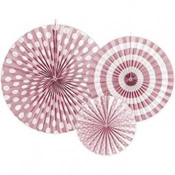 PartyDeco 3 Abanicos de Papel Decorativos Variados con Estampado de Rosa Pastel de Lunares