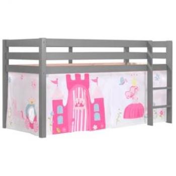 Cama Alta Pino Princesa 90x200 cm, Madera Maciza, Incluye Juego de Textiles, Opcional con Tobogán y Túnel
