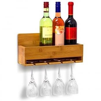 Estante de Vino con Soporte para Copas en Bambú Natural, 4 Botellas y 4 Copas, Montaje en Pared - Relaxdays