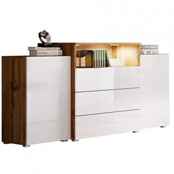 Cómoda Sarasota 127, Wotan roble y Blanco brillante, con 3 cajones y 2 puertas, dimensiones 150x81x39cm