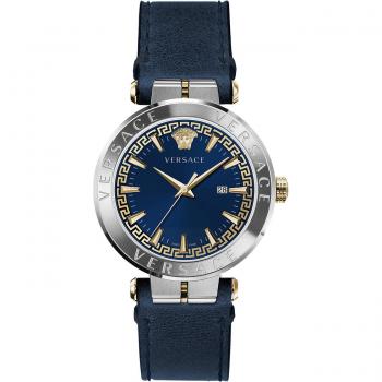 Versace Aion Leather Strap Blue Dial Watch, Multicolor male, Size: ONE SIZE