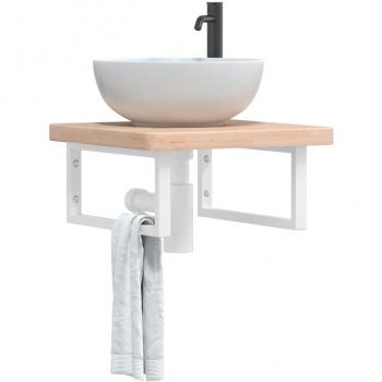 Estante de lavabo de pared de acero y madera maciza de roble