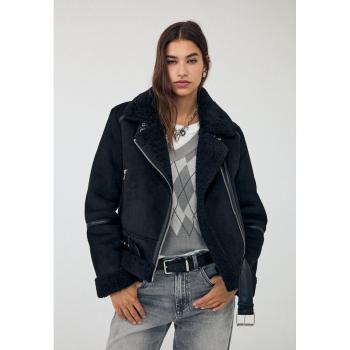 Stradivarius Black Faux Suede Shearling Biker Jacket Size S