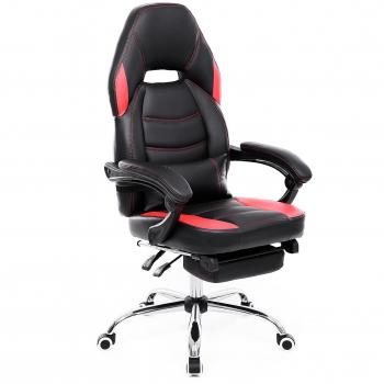 Songmics Silla deportiva Silla de oficina Silla giratoria Respaldo alto Inclinar 150 grados con reposapiés retráctil con soporte lumbar Cubierta de PU resistente Negro-Rojo OBG72R