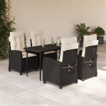 5-Piece Black Poly Rattan Garden Dining Set with Cushions