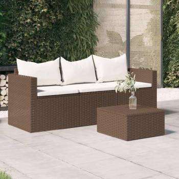 Sofá de jardín de 3 asientos con almohadas de polyrattan marrón
