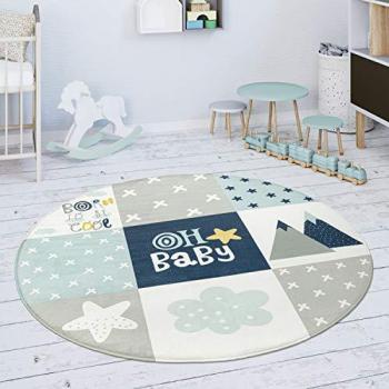 Alfombra Infantil Colorida Rombos Estrellas Gris Azul Blanco Ø 120 cm Redonda