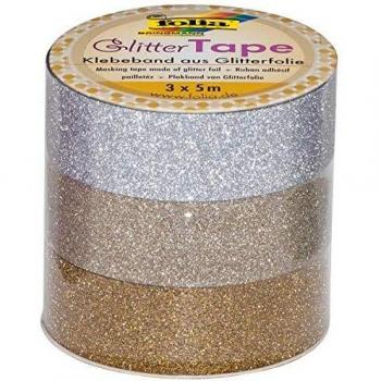 Folia 28301 Decoración de cinta adhesiva Glitter Tape, Plata/hellgold/oro