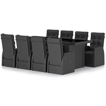 9-Piece Black Poly Rattan Outdoor Dining Set with Cushions