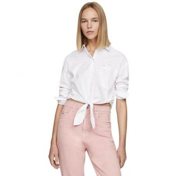 Tommy Jeans Women's Long Sleeve Tie Front Cropped Shirt in White, Size XL