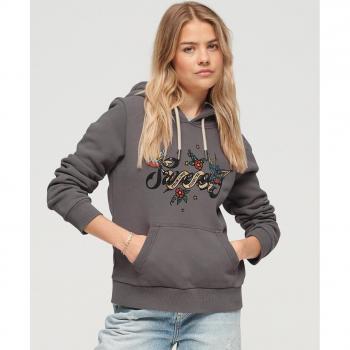 Sudadera gráfica con capucha Tattoo Script para mujer - Gris, Casual, Deportivo, Algodón