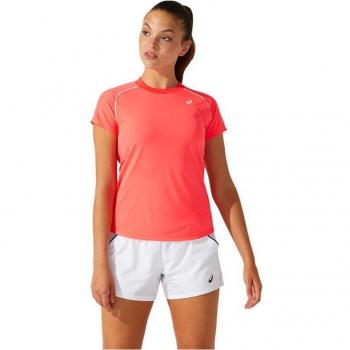 ASICS Court Piping Camiseta de Manga Corta para Mujer en Color Coral y Blanco - Talla XS