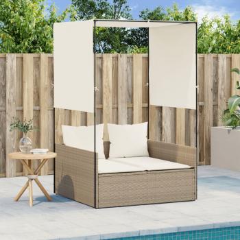 Tumbona doble con techo y cortinas de ratán sintético en color negro, marrón y gris para exterior, ideal para jardín, playa, piscina o terraza